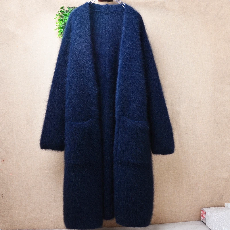 

Female Women Fall Winter Clothing Hairy Plush Mink Cashmere Knitted Long Sleeves Loose Long Sweater Cardigans Angora Fur Coat