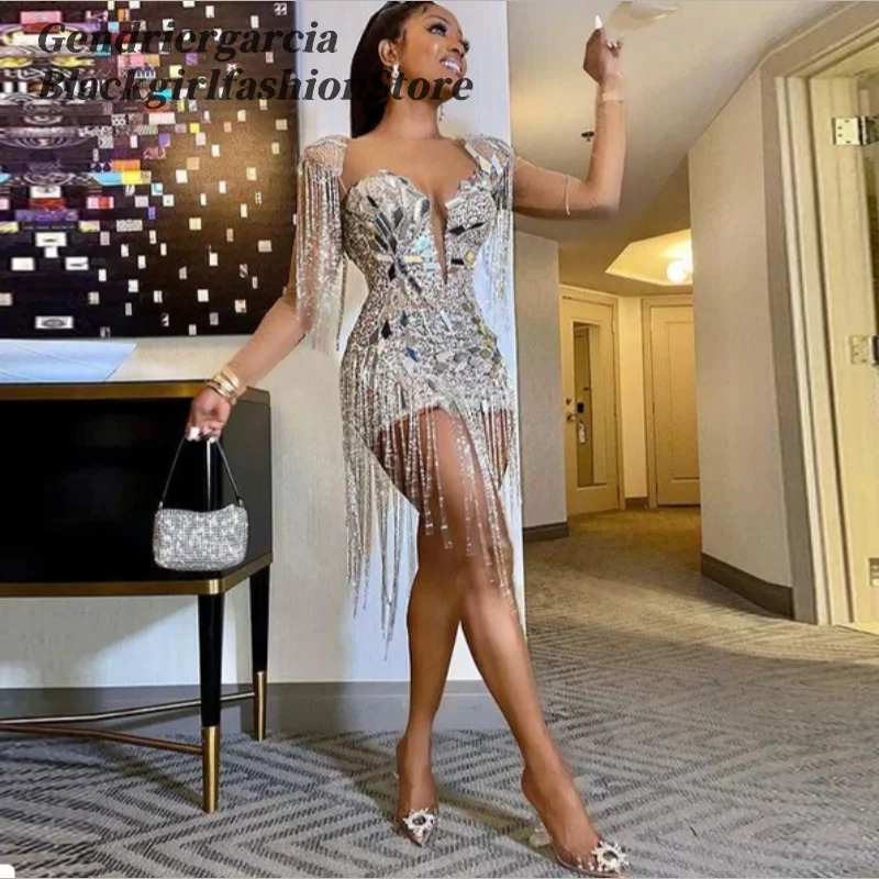 

Customized Sparkling Silver Tassel Evening V Neck Short Sleeve Alien Sequin Embellished Mini Black Girls Birthday Party Prom Dre