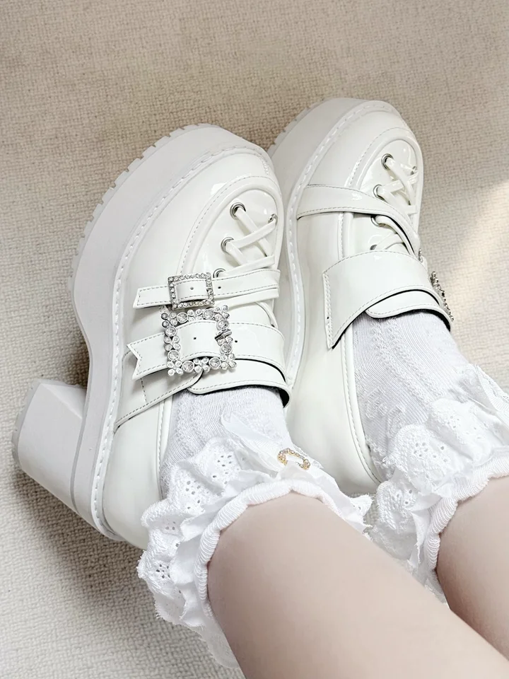 

Original Japanese Style Loafers Lace-Up Rhinestone Single Shoes Platform Thick-Soled Shoes Women's Buckle Strap Black Shoes