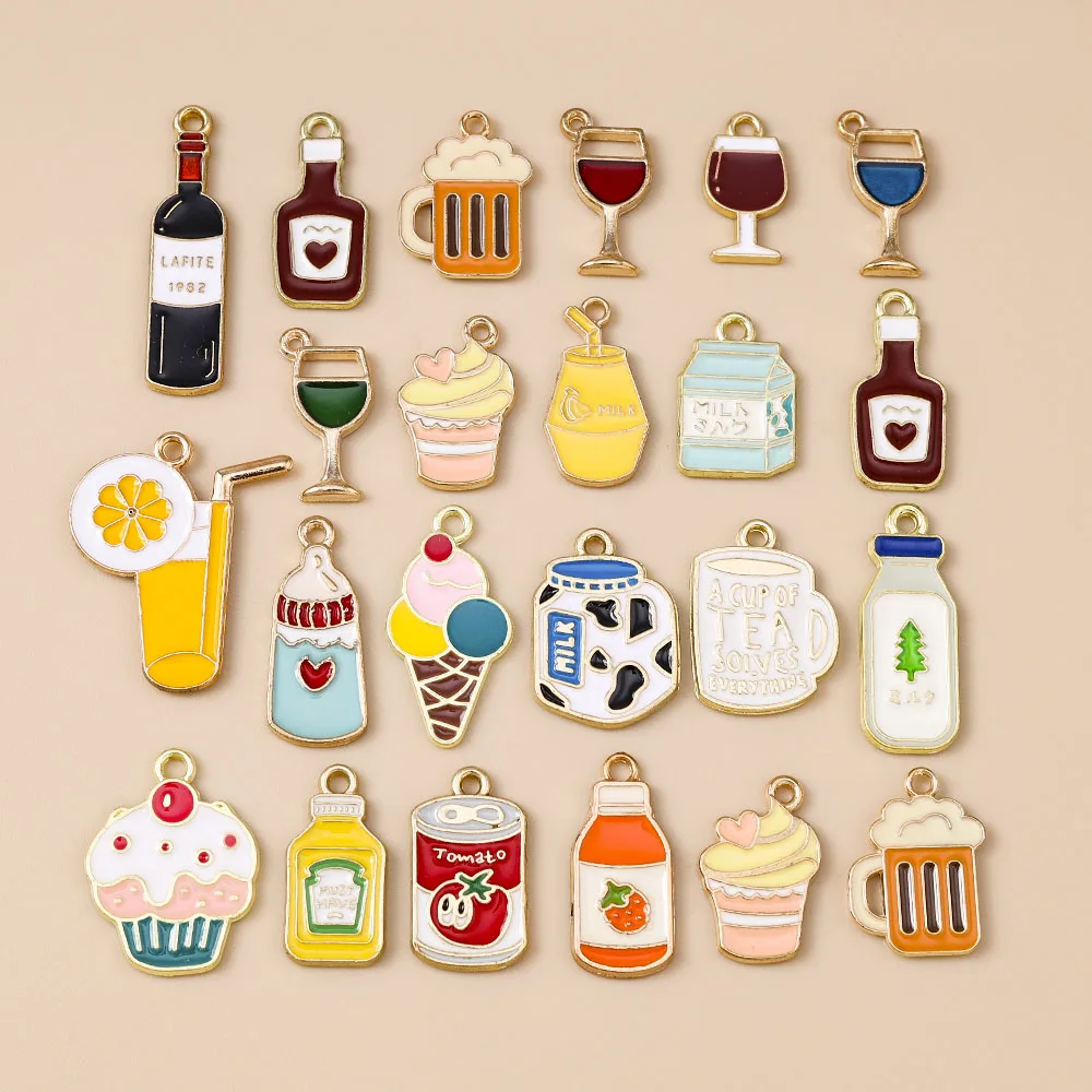 

Leslie 10pcs Enamel Cute Food Drink Ice Cream Cake Juice Cola Charms Pendants for Necklaces DIY Jewelry Making Accessories