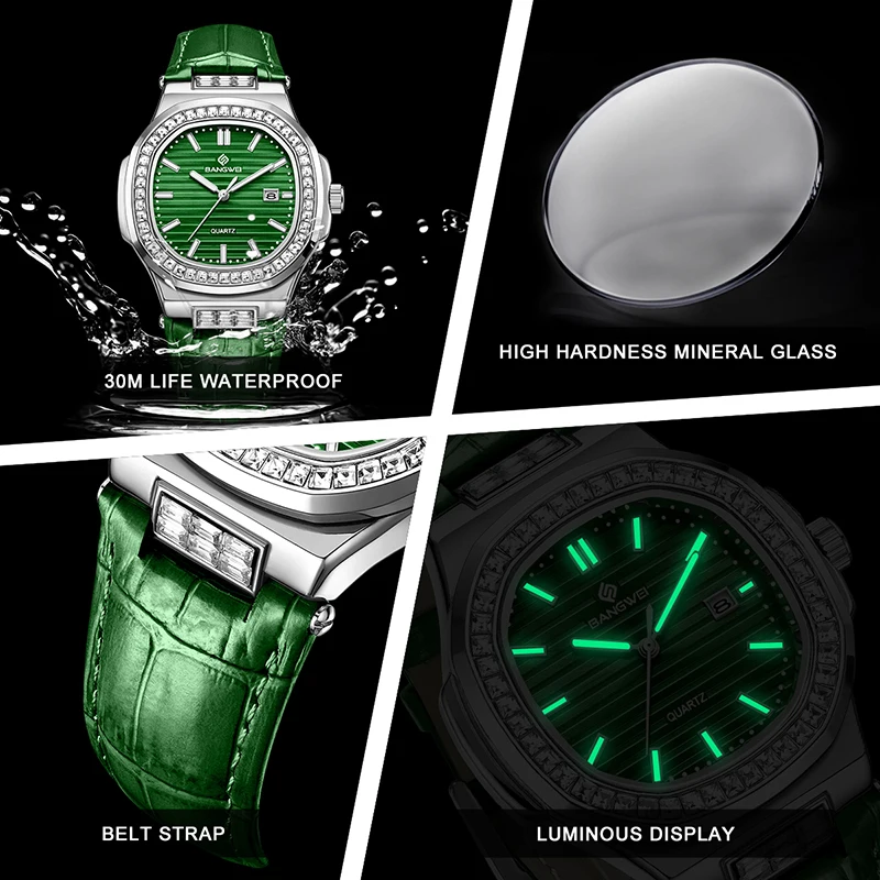 BANGWEI LIGE élégant femmes Bracelet montre Simple vert cuir étanche Quartz carré chronographe montres pour les femmes