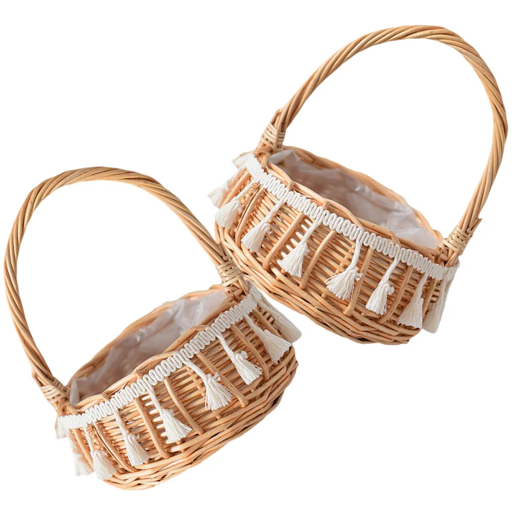 2 Pcs Woven Basket Lunch Tassel Flower Fringe Small Baskets with Handles Carry for Girl