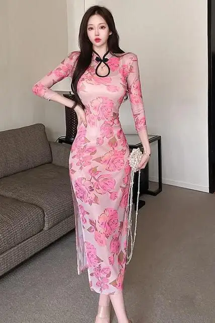 Conjunto Oriental moderno de 3 piezas, vestido Cheongsam estampado 2025, separa la cintura, define sofisticado Co ord ​