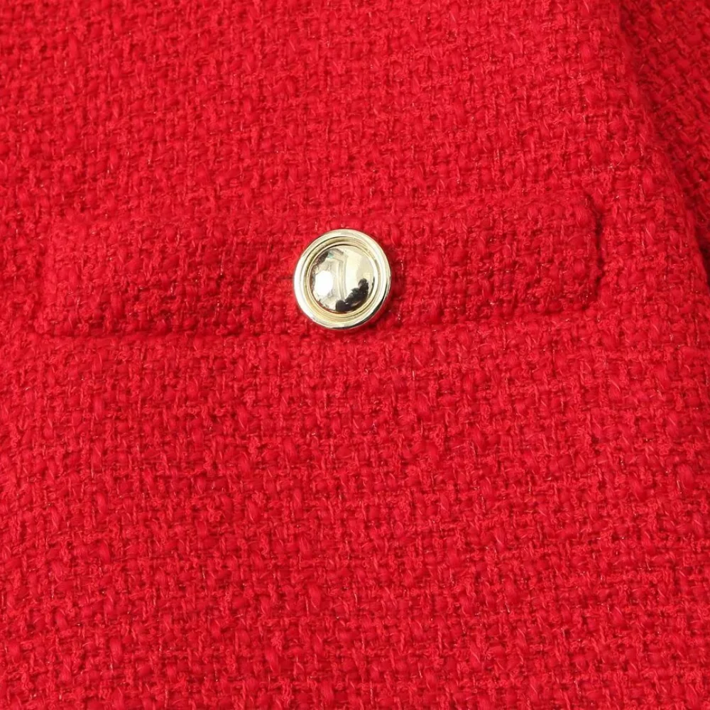 2025 BM&MD&ZA Women's Red Cropped Tweed Jacket with Round Neck and Decorative Buttons for a Stylish and Elegant Look