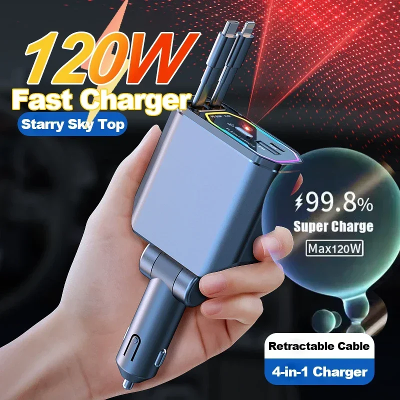 120W Romantic Starry Sky Light Car Charger, Retractable PD QC 3.0 Fast Charging Type C Mobile Phone Charger for Android IOS