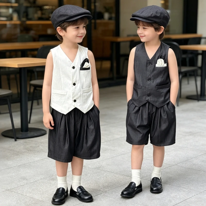 Boys Linen Blend 2Pcs Suit Set Formal Waistcoat  Wide Leg Shorts with Pocket Square Summer Wedding Guest Outfit for Kids 4 6 8 Y