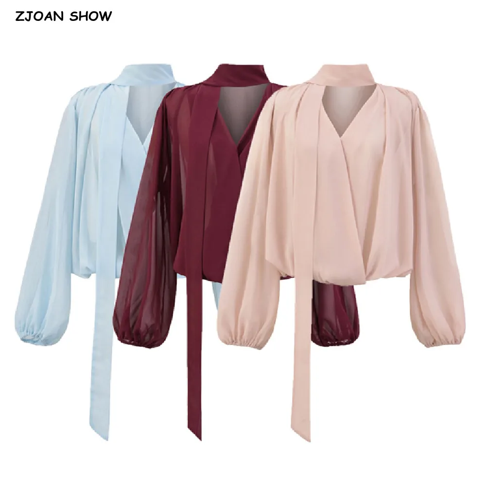 

3 colors 2025 Stylish Cross V neck Scarf Halter Long Lantern Sleeve Chiffon Shirt Women Elastic Hem Pullovers Blouse Tops