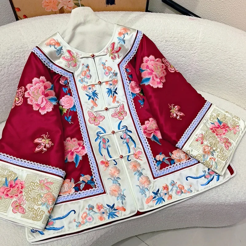 

High-end Winter Warm Coat Chinese New Year Acetate Women Loose Coat Elegant Embroidery Flowers S-XXL