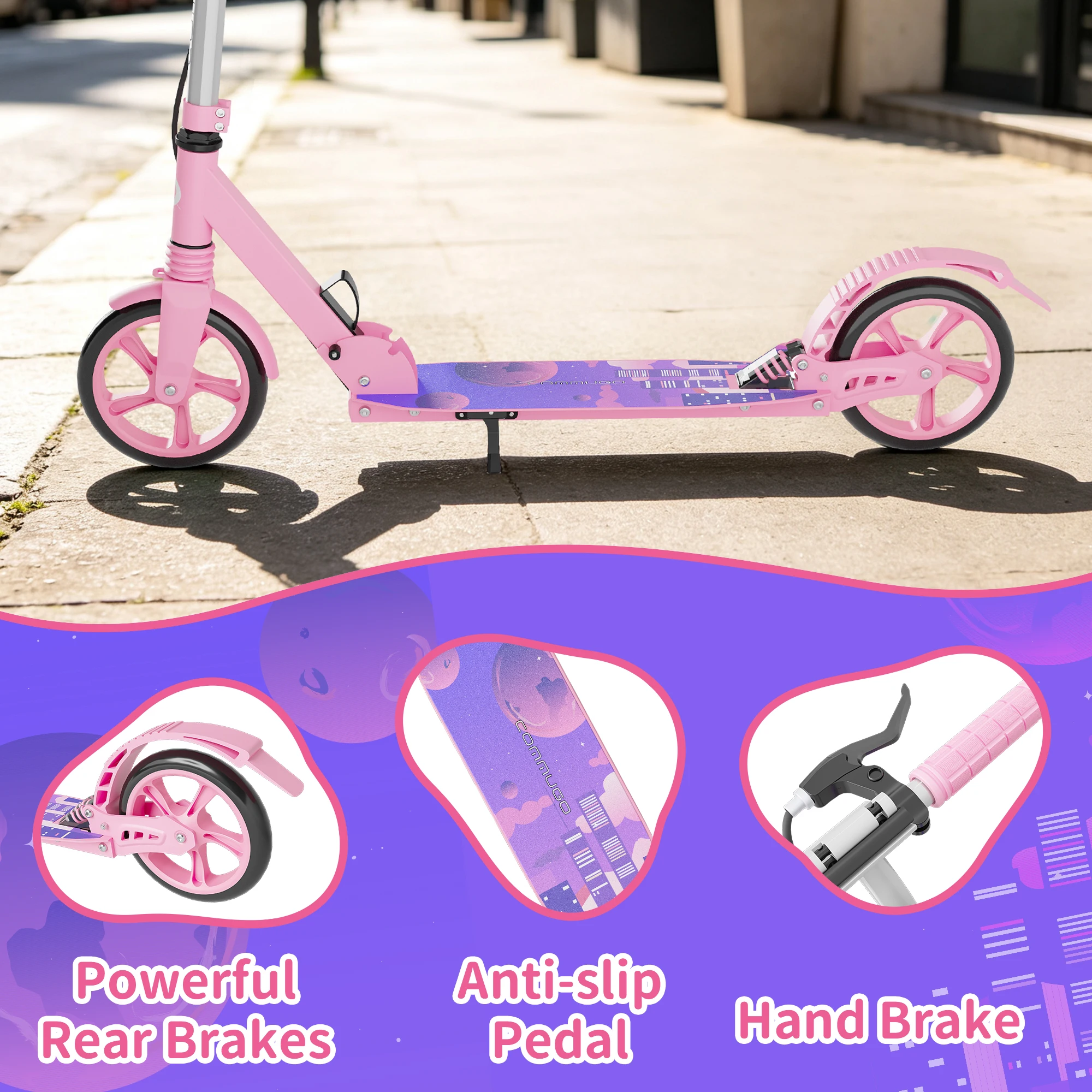 SIMATE Kick Scooters for Kids 6-12, Teens & Adults - Lightweight, Foldable, 8-Inch Big Wheels, Hand Brake, 4 Adjustable Height Levels, 220 lbs Max Load, Perfect for School, Campus and Park Rides