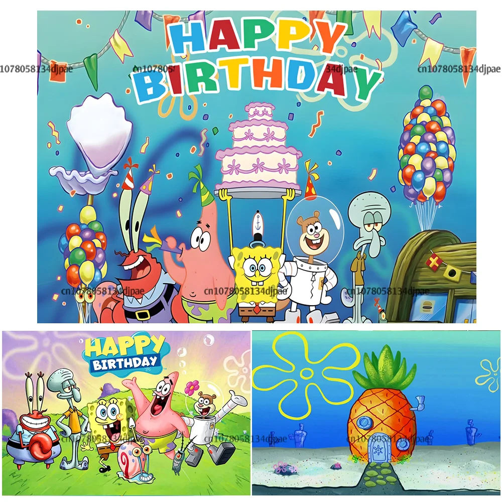 Fondo de Bob Esponja con pancarta de fiesta para niño, decoraciones de fondo de feliz cumpleaños, Patricio, estrella, piña, accesorios de casa