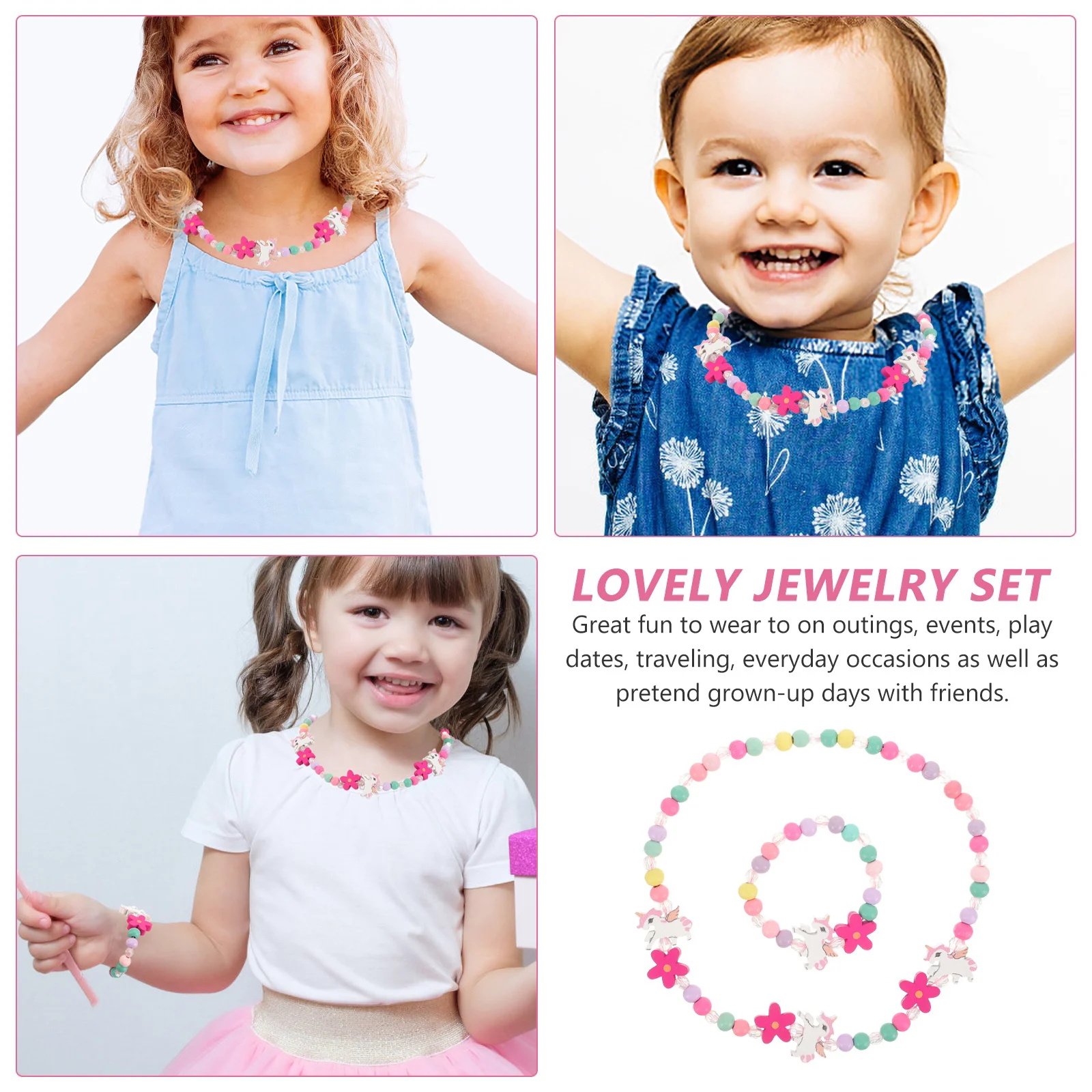 木製ビーズジュエリーセット マルチカラーユニコーンネックレスブレスレット 子供用 誕生日 ホリデー ドレスアップアクセサリー ビーズネックレス