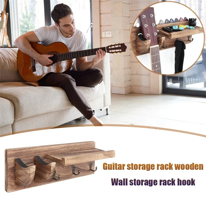 Guitar Holder Rustic Wall Mount Guitar Hanger Display Bracket Shelf Stand With 3 Hook For Acoustic Electric Guitar Ukulele Bass