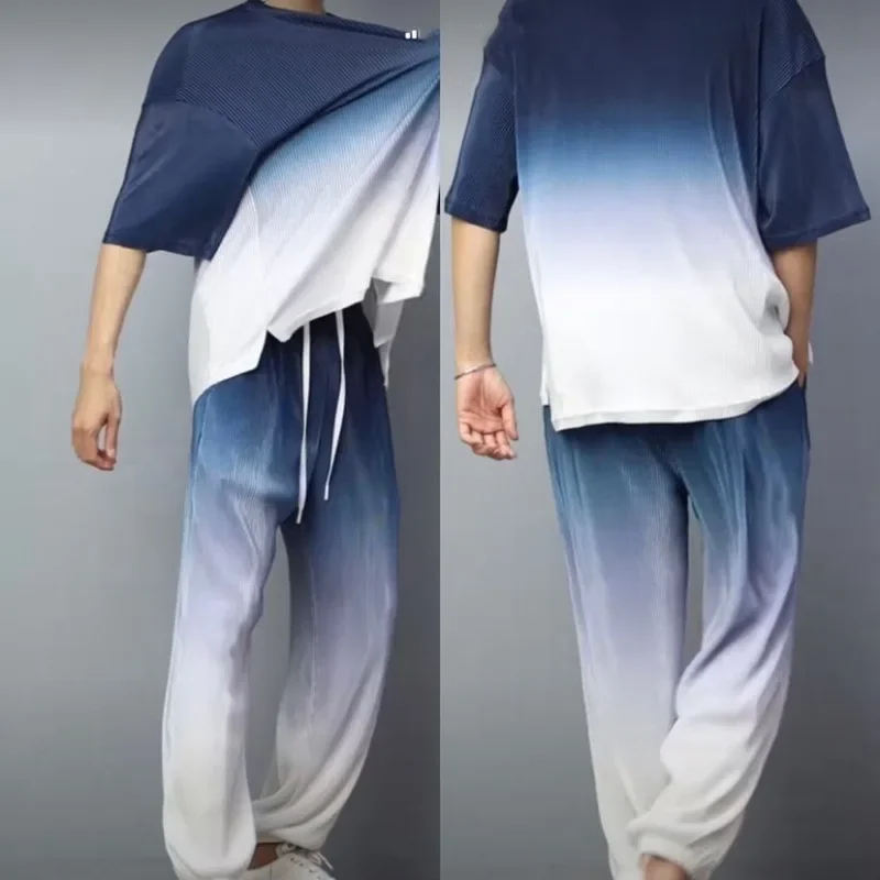 Calça de moletom masculina t camisa conjuntos de seda gelo regular ajuste marcas originais magro estiramento básico t de duas peças legal calças masculinas conjunto
