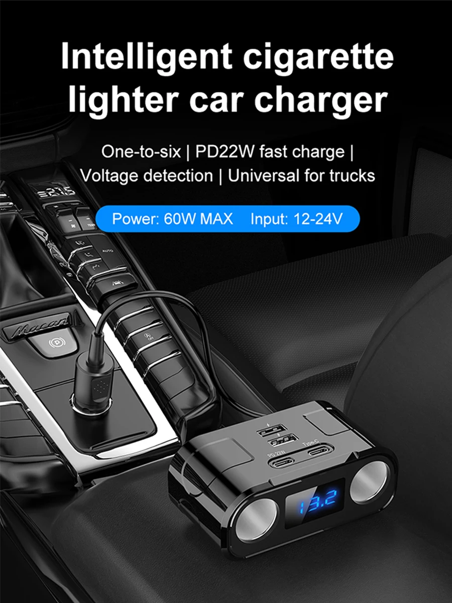 KEBIDUMEI 6in1 ولاعة السجائر الفاصل QC3.0 + PD شاحن سيارة شاشة ديجيتال شاحن الهاتف 12 فولت-24 فولت 60 واط محول اكسسوارات السيارات