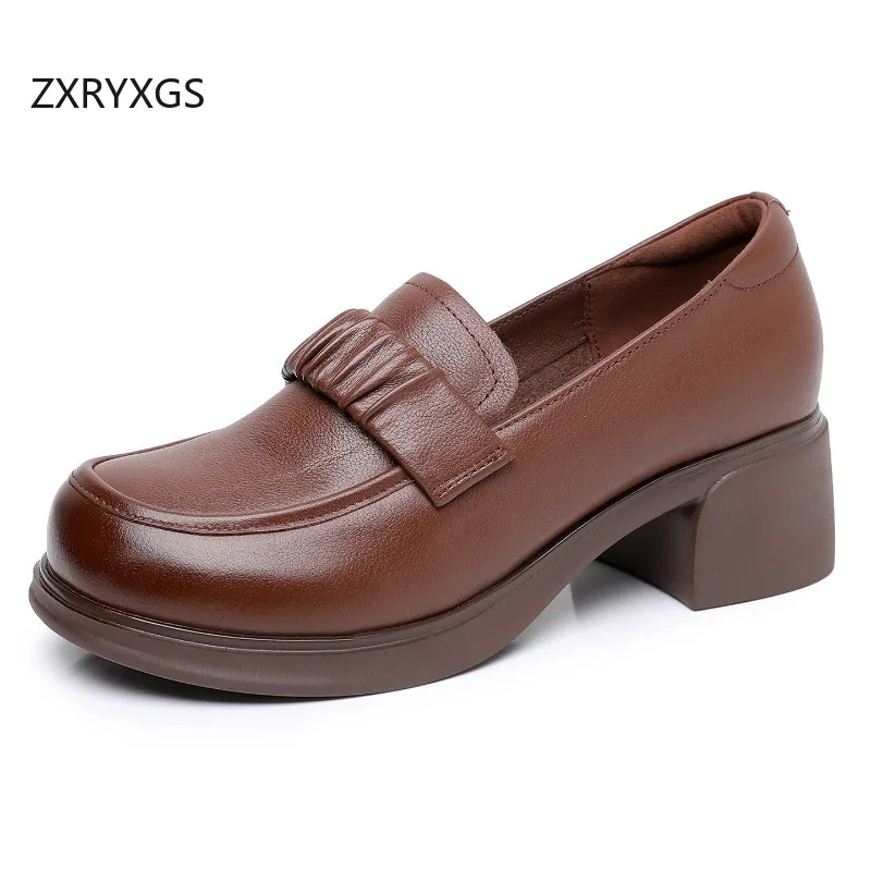 

ZXRYXGS туфли из воловьей кожи с верхним слоем в британском стиле, элегантная модная обувь на толстом среднем каблуке, женская офисная рабочая банкетная обувь 2025