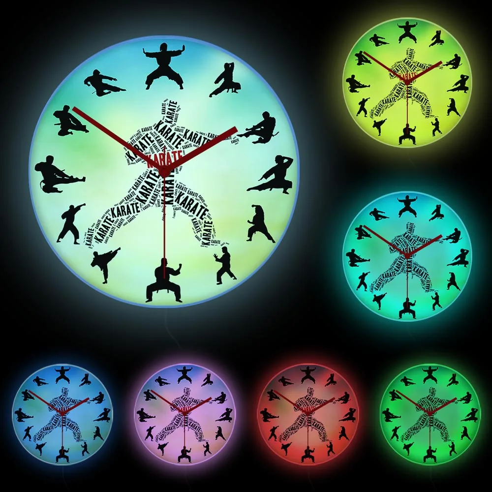 Karate Fighter LED Neon Sign Night Light Wall Clock For Man Cave Bedroom Japanese Martial Arts Home Decor LED Glowing Lamp Clock