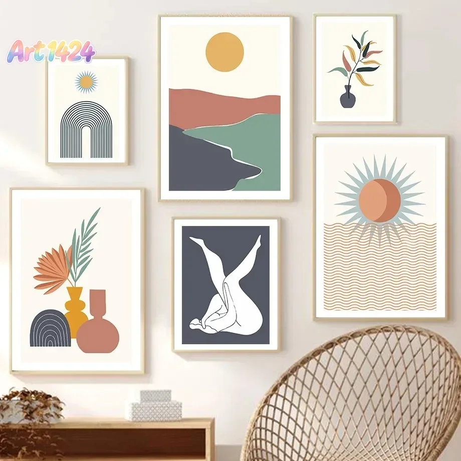 Sun Leaf Vase Line Girl Abstract Geometry Wall Art Aesthetics Print Canvas Painting Posters for Living Room Modern Home Decor