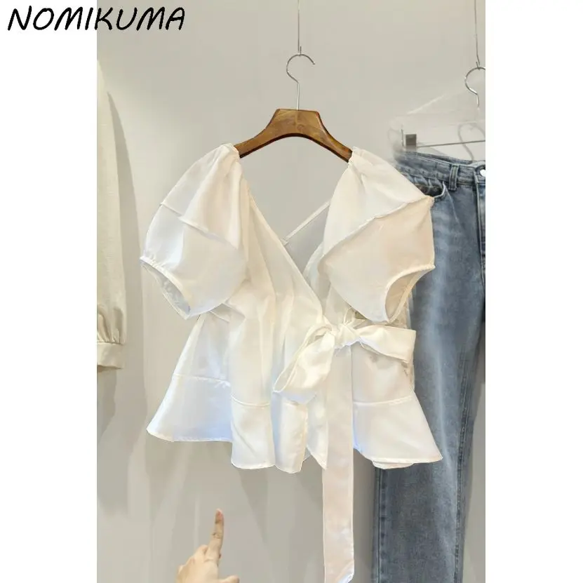 Nomikuma-Camisa de manga abombada para mujer, blusa informal con lazo y cuello en V, Top de moda sólida coreana elegante, 2023