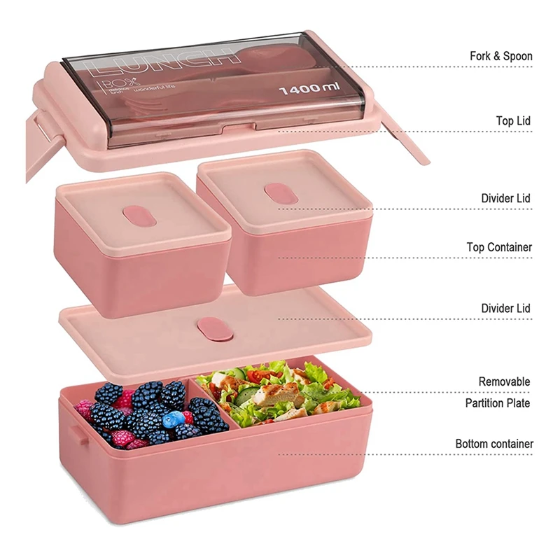 4X Bento Box Kit, 47.35OZ Bento Box Adult Lunch Box, 3 Compartments Bento Lunch Box , Meal Prep Containers Pink