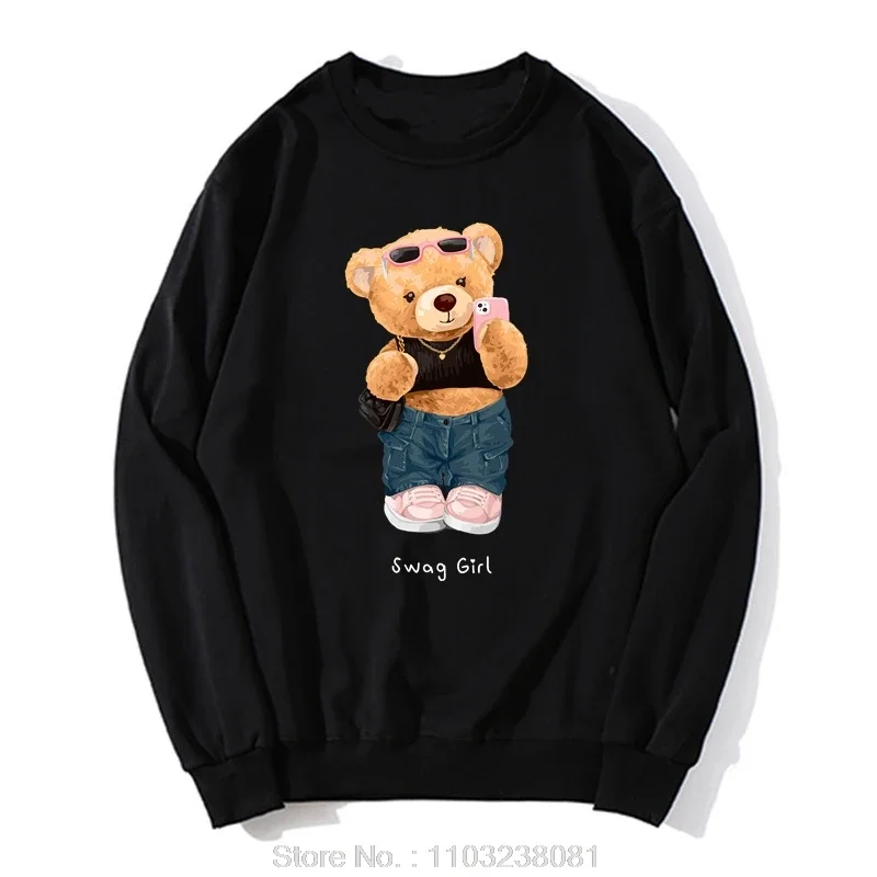 

Tennis Teddy cartoon bear Hoodie Cotton sweatshirt funny print women oversized streetwear unisex fashion tops pullover clothing