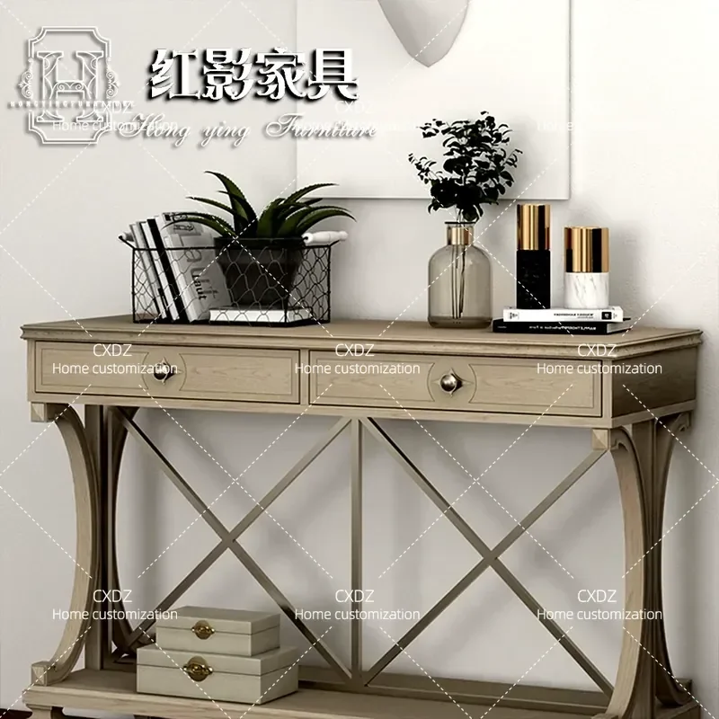 Solid Wood Entrance Cabinet Retro Foyer Decorative Storage Simple Modern High Grade Gray Entryway Table Sideboard Console