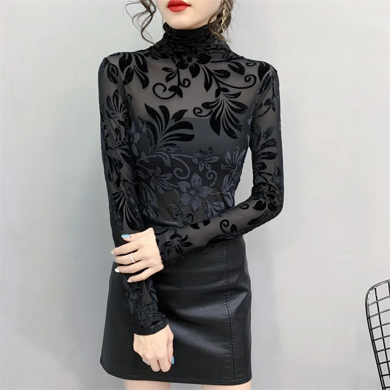 2023 New Korean style High neck Velvet Mesh Tops Long-sleeved Black bottoming shirt Sexy Women\'s t-shirt