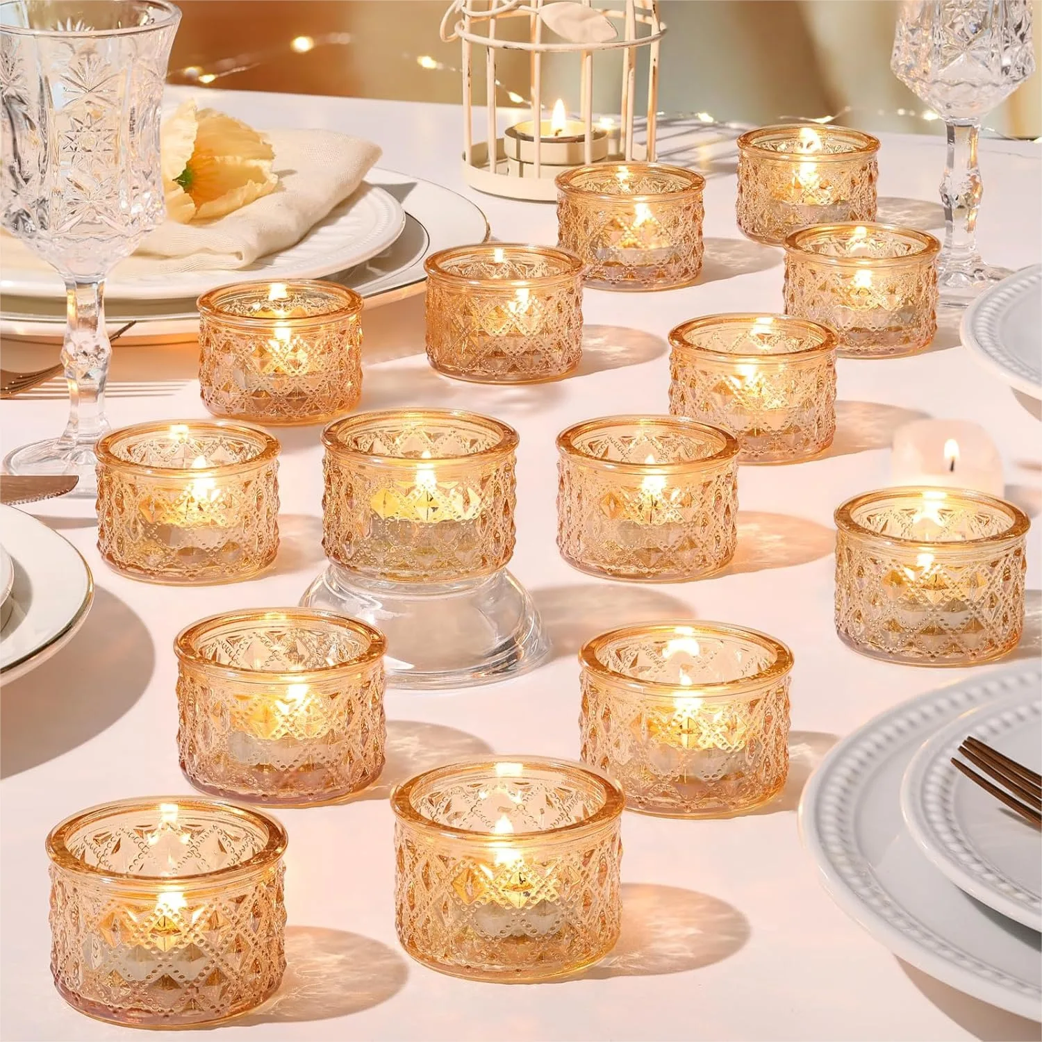 

24 Pack Gold Tealight Candle Holders, Glitter Diamond Glass Votive for Wedding Centerpieces, Party Decor