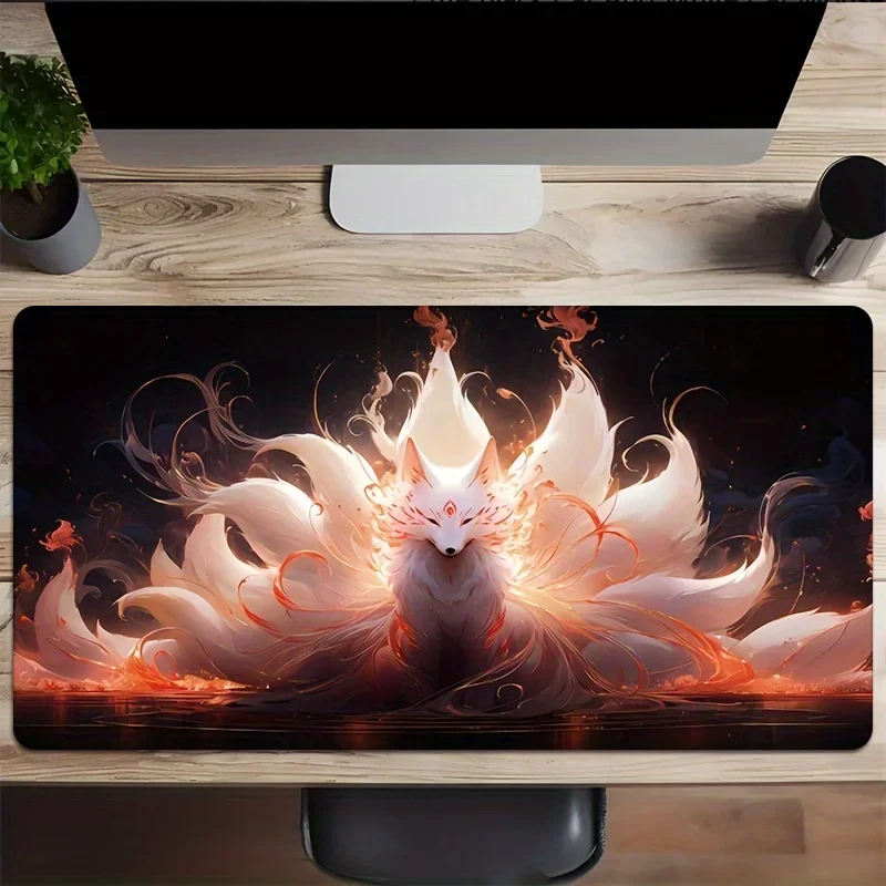 Extra Large Gaming Mouse Pad White Fox Rubber Material Long Rug Fine Stitching Non-slip Table Mat Suitable for E-sports Computer