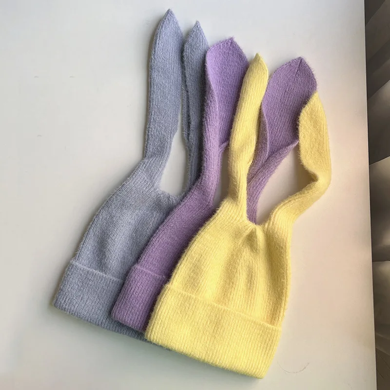 Japanese Long Ears Rabbit Knitted Hat Women's Winter Warm Soft Solid Color Woolen Hat