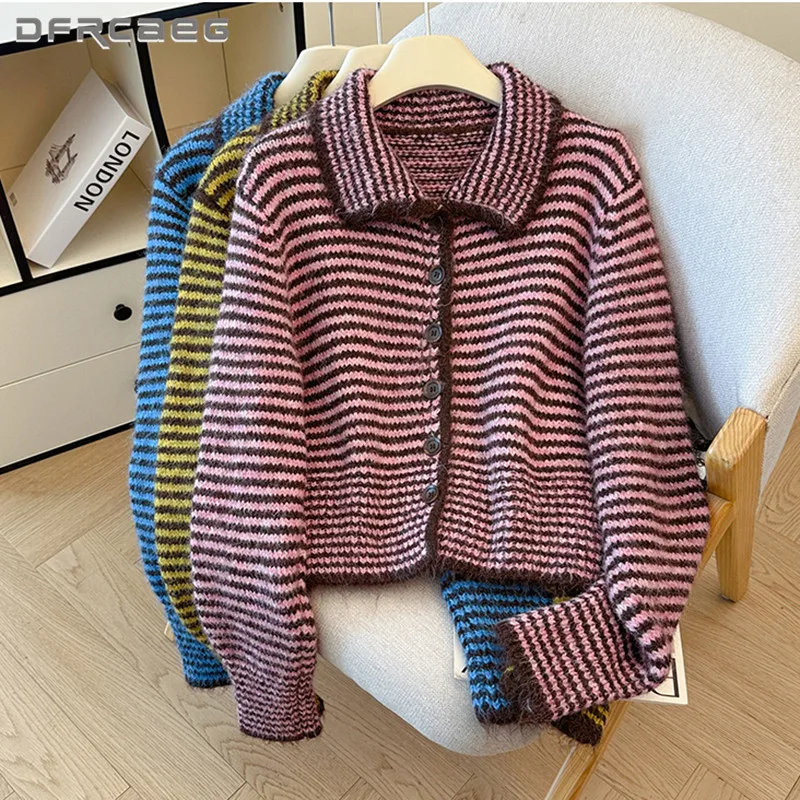 

Однобортный свитер в полоску в корейском стиле в стиле ретро для женщин, утепленный мягкий вязаный верх с длинными рукавами, одежда