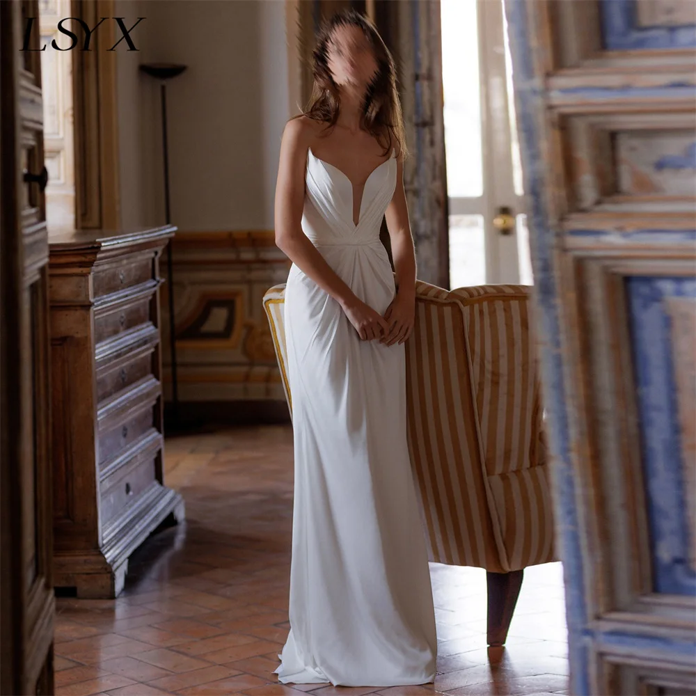 

LSYX Customized Sleeveless V Neck Pleated Crepe Mermaid Wedding Dress Zipper Back Floor Length Court Train Bridal Gown