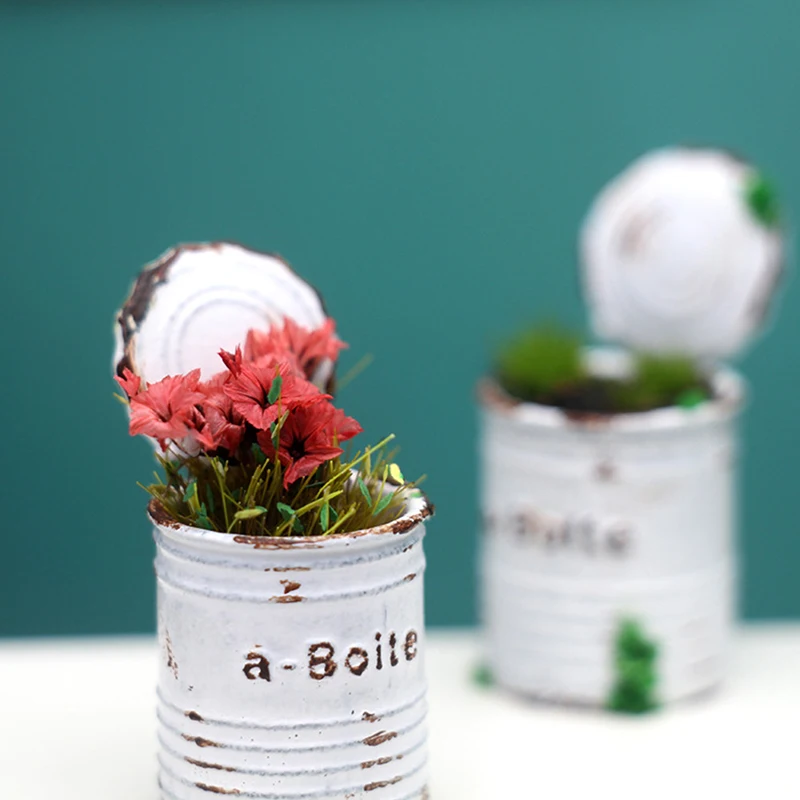 1:12 Dollhouse Miniature Seaside Plants with Metal Pot Plant Potted Flower Pot Bonsai Model Home Garden Decor Doll House Accesso