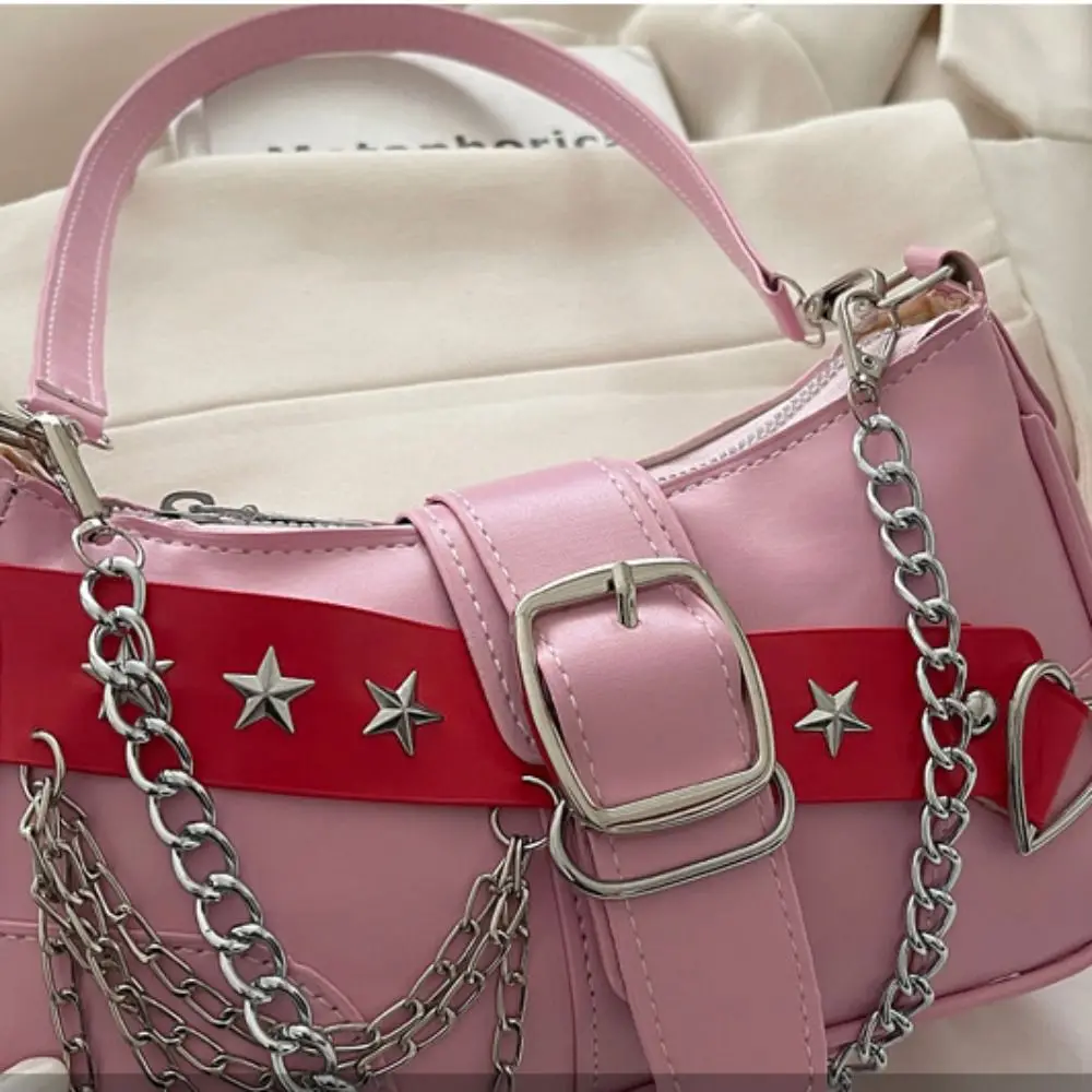 Punk Y2K Star Rivet Shoulder Bag Pu Leather Spicy Girl Underarm Bag Korean Fashion Vintage Armpit Bag Girls