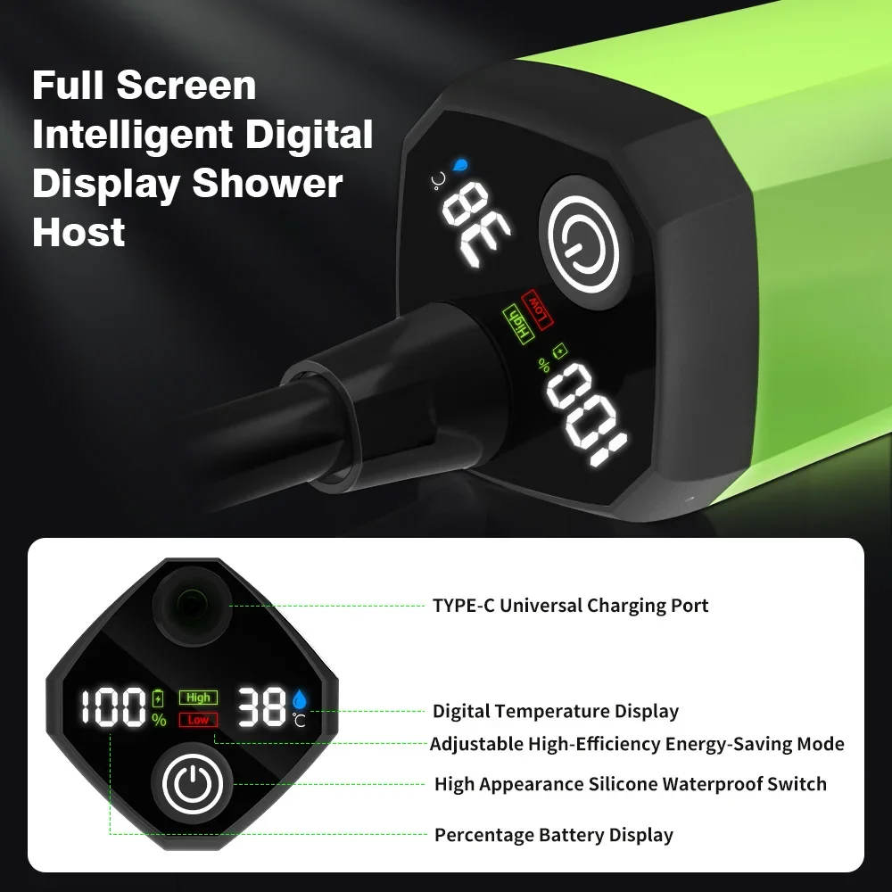 Camping Shower Pump RV Outdoor Shower Kit Camp w/Full Screen Intelligent Digital Display Adjustable 6000mAh Shower Kit