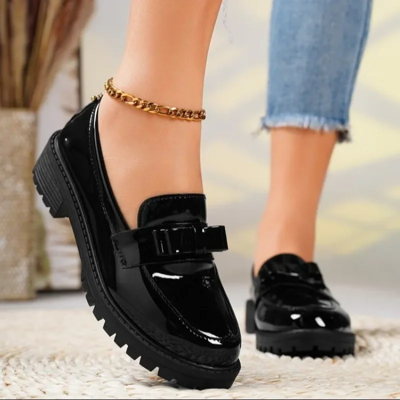 2024 Hot Sale Shoes for Women Autumn Slip on Women's Pumps Round Toe Solid Butterfly-knot Chunky Heels Office Profession Pumps