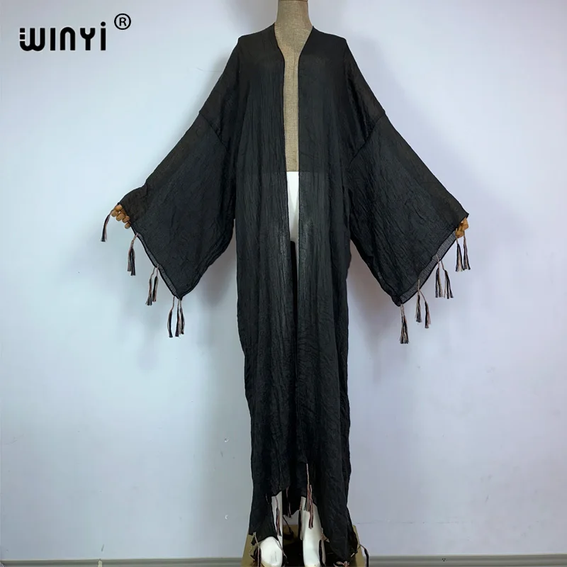 WINYI kimono Africa coat fashion kaftans beach cover-ups Fringed monochrome cardigan beach outfits for women vestidos para playa