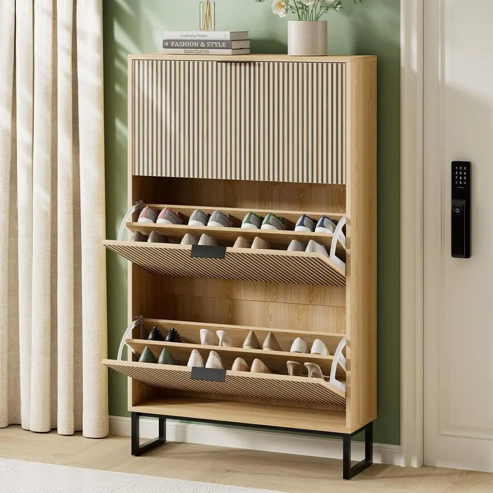 

Natural Wood 3-Tier Standing Shoe Cabinet Organizer for Entryway or Hallway