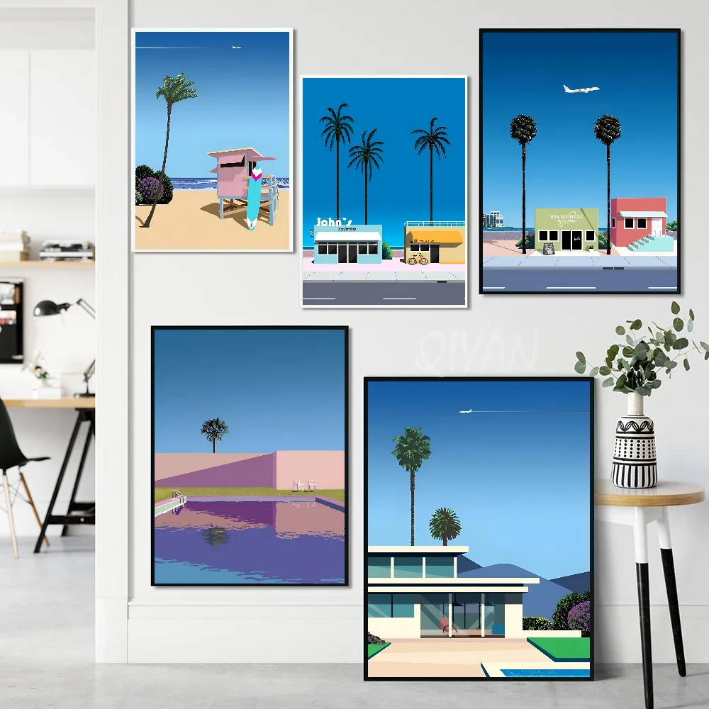 Hiroshi Nagai Vaporwave Japan Beach City Poster Stickers Art Wall Murals Decor Game Room Decor Gifts HD Painting