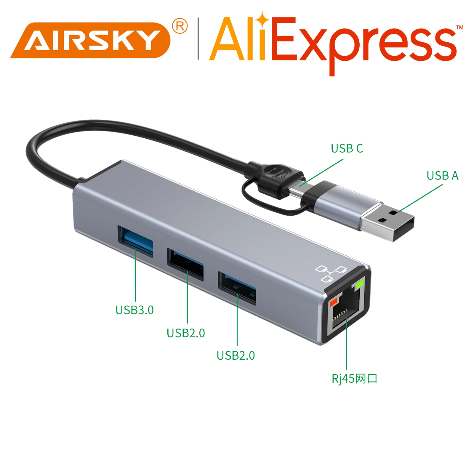 

AIRSKY Серый 3 в 1 Алюминиевый сплав USB A Type C 2.0 480 Мбит/с 3.0 Порт макс. 5 Гбит/с A-F Интерфейсы C-M к концентратору SD и TF Считыватель карт для мобильного телефона, смартфона, ПК, ноутбука, планшетов