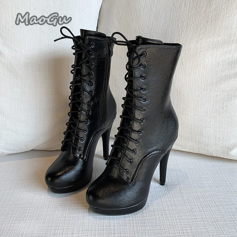 

Pu Leather Women's High Boots Black 12cm Heels for Ladies Side Zip Platform Short Bootie Women Street Style Dancing Shoes Sexy