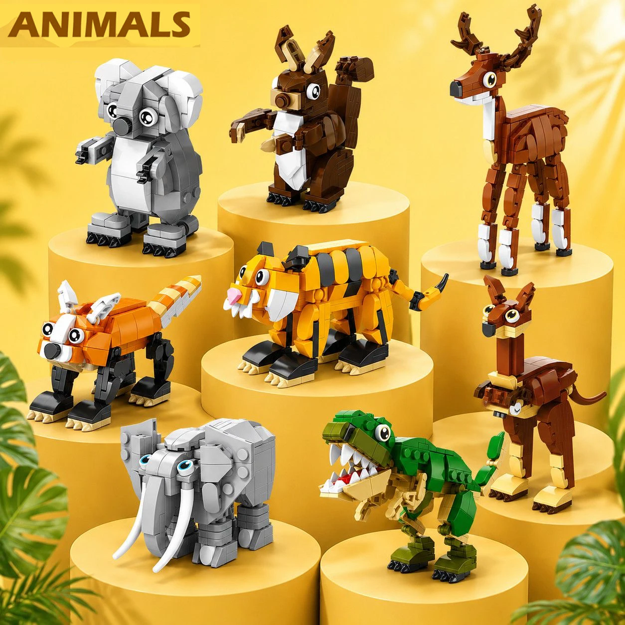 Image of NEU 3 IN 1 Tier-Szenen 3D-Bausteine Zoo Dinosaurier Elefant Tiger Känguru Sikahirsch Fisch Eichhörnchen Koala DIY Spielzeug-Bausteine