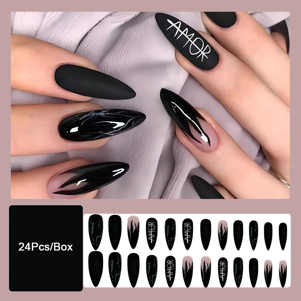 Fashion Letter Stiletto False Nail Tips With Designs Black Flame Fake Nails Set Press On Nails Pointed Manicure French Tip