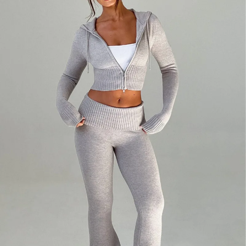 

Fashion Trendy Knitted 2 Piece-Sets Women Slim Short Hooded Cardigan Trousers Two Piece Set Streetwear Lady Commuting Clothing