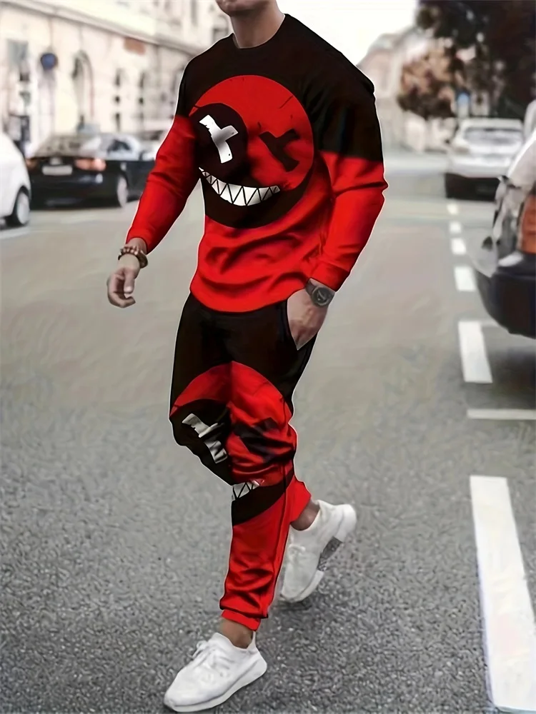 Demon Smiling Face 3D Printed Round Neck Long Sleeve 2pcs Suit Urban Street Fashion Men's Casual Shirt, Outdoor Casual Pants