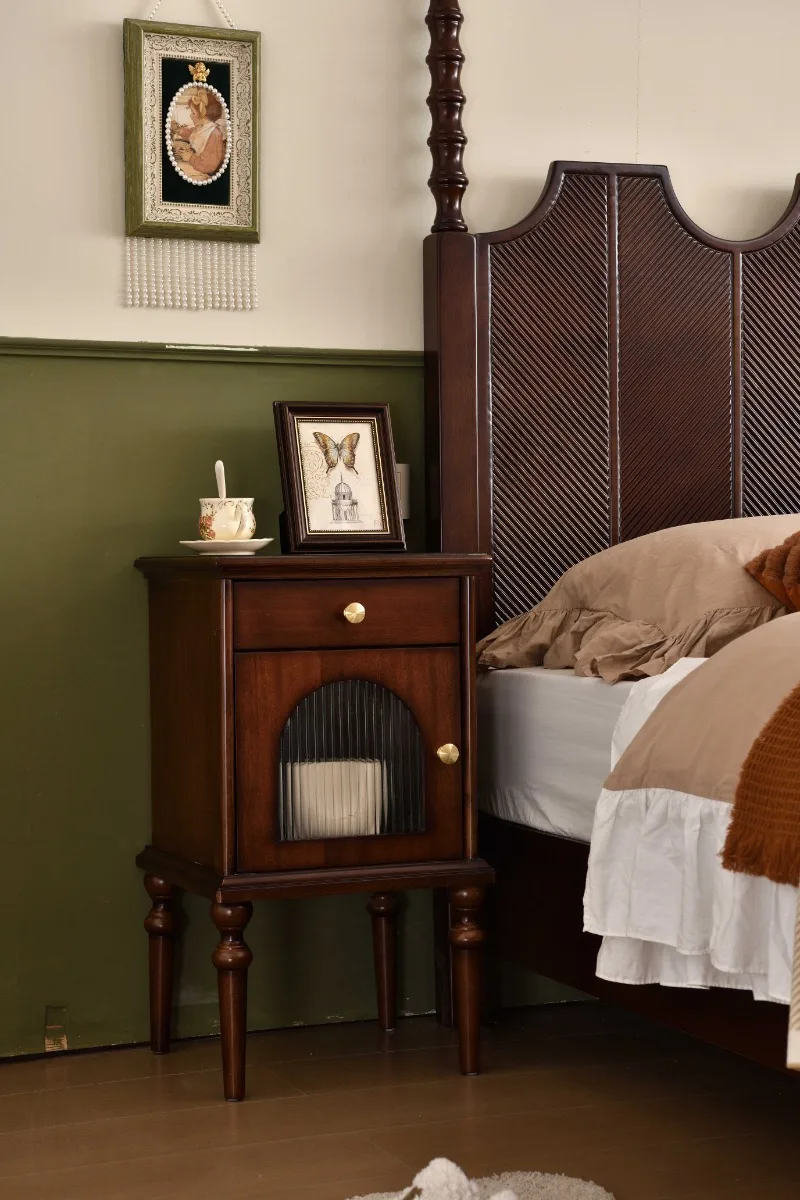 Solid Wood Bedside Table Home Bedroom Furniture Victorian Antique Style Two-drawer Retro Cabinet Storage Unit