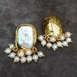 YYGEM 4-5mm Freshwater White Pearl Stud Earrings 19x22mm Real Rectangle Pearl Party Gift