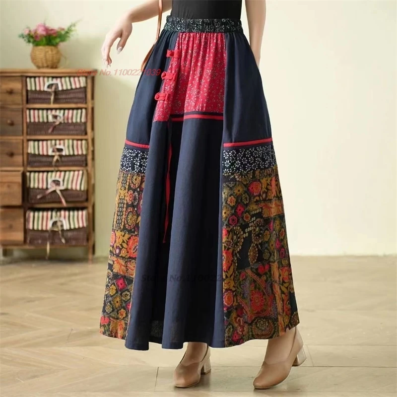 

2024 traditional chinese vintage folk skirt national flower print patchwork skirt elastic waist a-line ethnic skirt streetwear