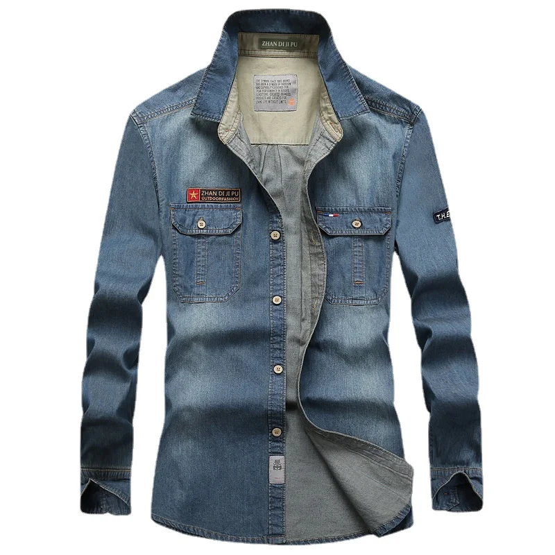 New Spring Man Long-sleeved Denim Shirts Men Outdoor Multi-pocket Tooling Shirts High Quality Male Cotton Casual Jeans Shirts 4