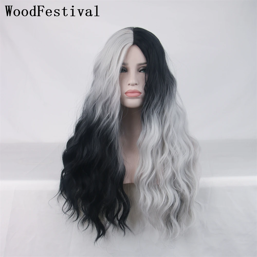 

WoodFestival Synthetic Hair Curly Wigs For Women Ombre Black And White Wig Cosplay Long Halloween Lolita Middle Part