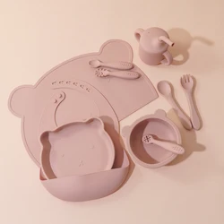 8PCS Silicone Baby Feeding Set Adjustable Bib Cartoon Bear Feeidng Dishes Plate Sucker Bowl Cup Cutlery Children's Tableware